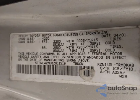 2001 Toyota Tacoma из США, поврежденный, VIN 5TENL42N91Z811519